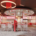 Modern Elegant Restaurant Interior With Red Decor Circular Bar Counter Transparent Chairs And Menu Posters 3d model