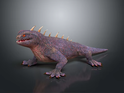 Spiked Purple Lizard Creature With Sharp Teeth And Detailed Skin Texture Standing On Reflective Surface 3d model