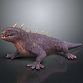 Spiked Purple Lizard Creature With Sharp Teeth And Detailed Skin Texture Standing On Reflective Surface