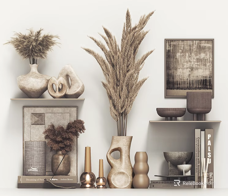 Modern Minimalist Decorative Ornament Set With Dried Grass Vases Sculptures Framed Art And Shelves 3d model 