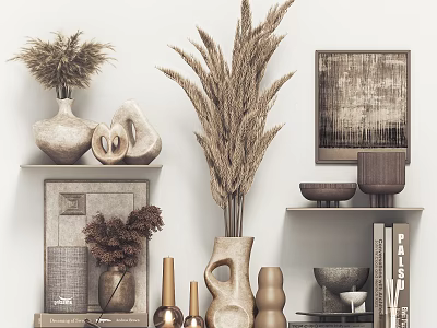 Modern Minimalist Decorative Ornament Set With Dried Grass Vases Sculptures Framed Art And Shelves 3d model