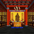 Buddhist Temple Interior With Golden Walls Carved Windows Buddha Statue And Altar
