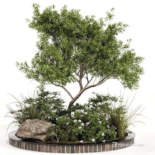 Lush Arbor With Green Foliage Stone And White Flowers In Garden 3d model 