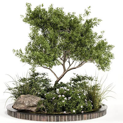 Lush Arbor With Green Foliage Stone And White Flowers In Garden 3d model