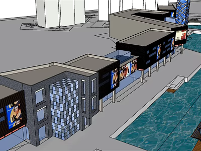 Modern Commercial Street With Glass Facades Billboards And Waterfront Walkways 3d model