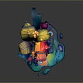 Colorful Fantasy Hut with Cartoon Leaves Flowers Rainbow Water Drops and Vibrant Design
