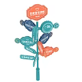 Art Installation With Colorful Directional Signs And Multiple Label Plates On Pole
