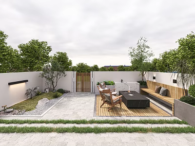 Modern Garden Courtyard Outdoor Seating Area With Sofa Chairs Stone Patio Wooden Deck And Trees 3d model