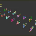 Display of Various Colored Motorcycle Models with Reflective Surfaces on Dark Background