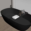 Black Freestanding Bathtub in Modern Bathroom with Wooden Floor Tray Towel and Aromatherapy Bottles