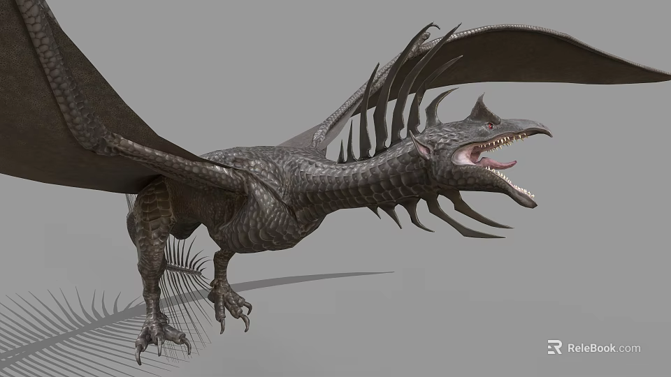 3D Rendered Dragon With Spread Wings Open Mouth And Sharp Fangs Against Gray Background 3d model 