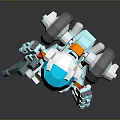 Low Poly Block Style Robot Character With Blue Armor Red Yellow Accents And Weapon Arm