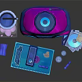 Vibrant Pink Blue Boombox Speaker with Blue Cup Notebook CD Cases and Accessories
