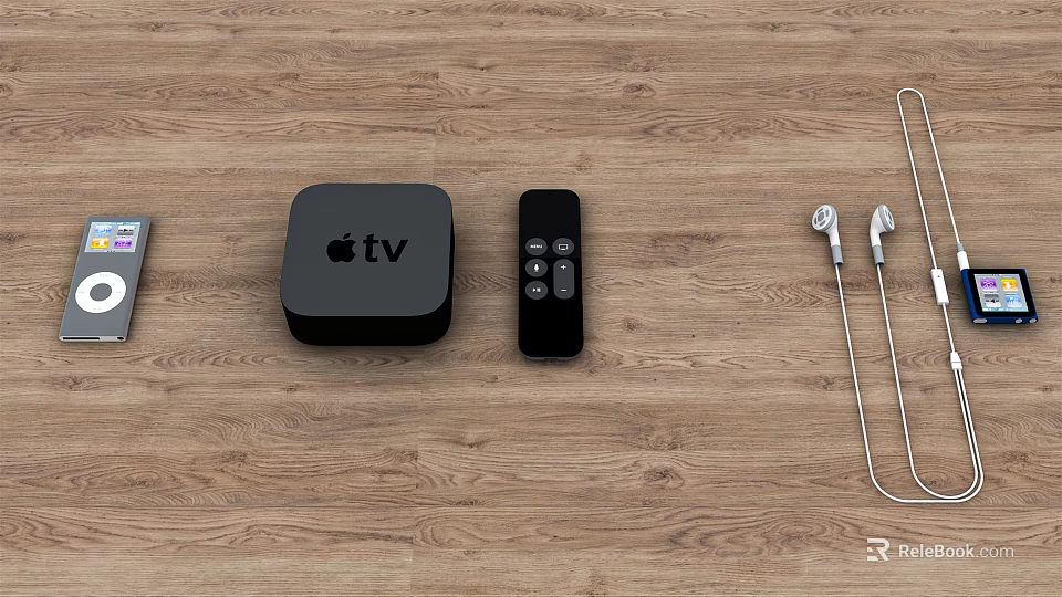Apple TV Device with Remote Control Headphones and Laptop Accessories on Wooden Surface 3d model 