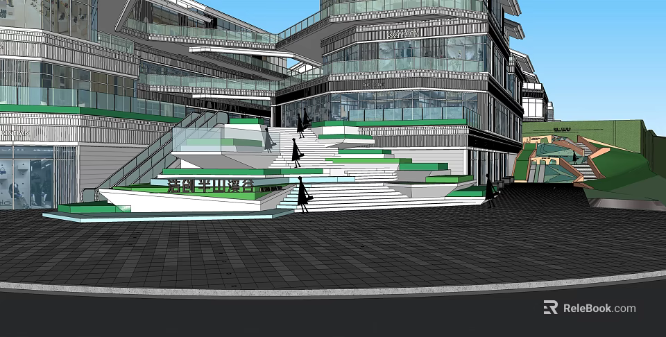 Modern Commercial Complex With Glass Facade Multiple Floors Open Stairs And Green Landscaping 3d model 