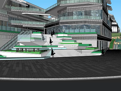 Modern Commercial Complex With Glass Facade Multiple Floors Open Stairs And Green Landscaping 3d model