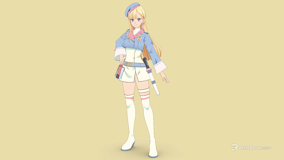 Cartoon Style Woman Wearing Blue White Outfit Hat Long Hair Holding Items 3d model 