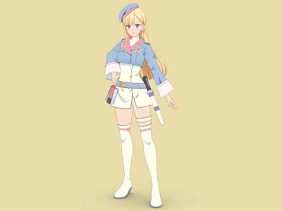 Cartoon Style Woman Wearing Blue White Outfit Hat Long Hair Holding Items 3d model