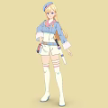 Cartoon Style Woman Wearing Blue White Outfit Hat Long Hair Holding Items