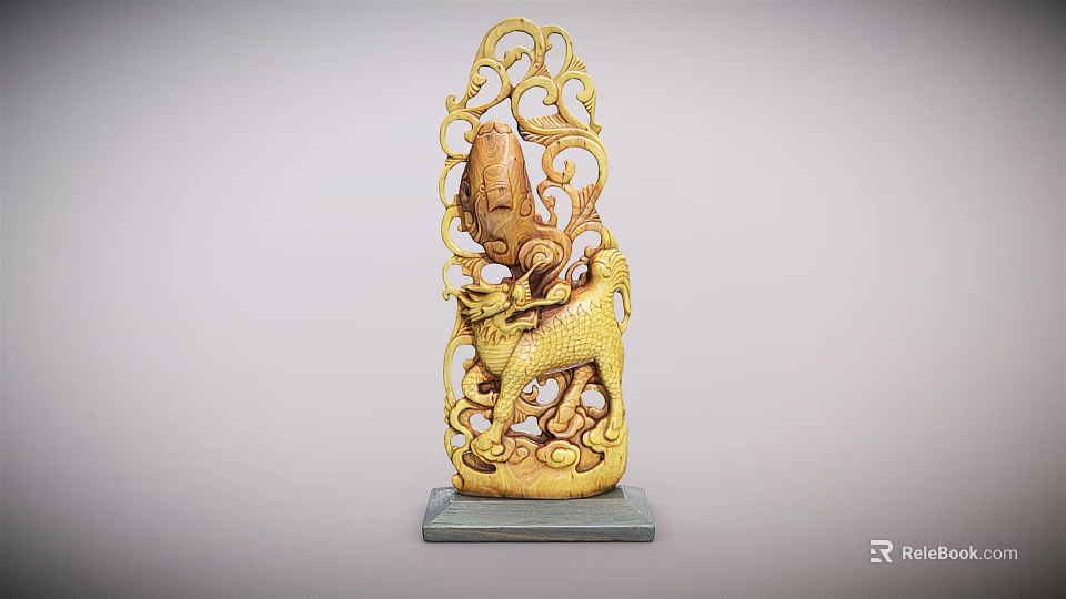 Intricate Yellow Wooden Carving With Mythical Beast And Floral Patterns On Gray Base 3d model 
