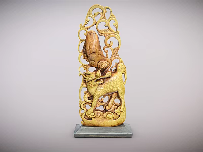 Intricate Yellow Wooden Carving With Mythical Beast And Floral Patterns On Gray Base 3d model