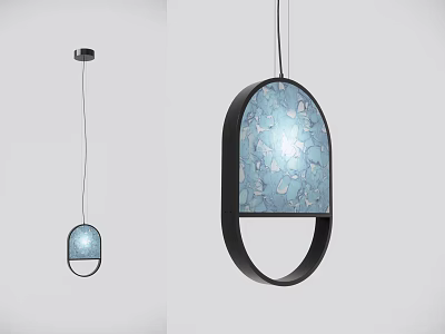Modern Pendant Light with Blue Textured Glass Shade and Black Arched Frame Design 3d model