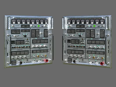 Two Industrial Metal Control Panels With Buttons Knobs Indicator Lights And Interfaces 3d model