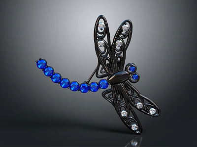 Elegant Dragonfly Brooch With Black Design Diamonds On Wings And Blue Gemstone Body 3d model