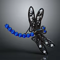 Elegant Dragonfly Brooch With Black Design Diamonds On Wings And Blue Gemstone Body
