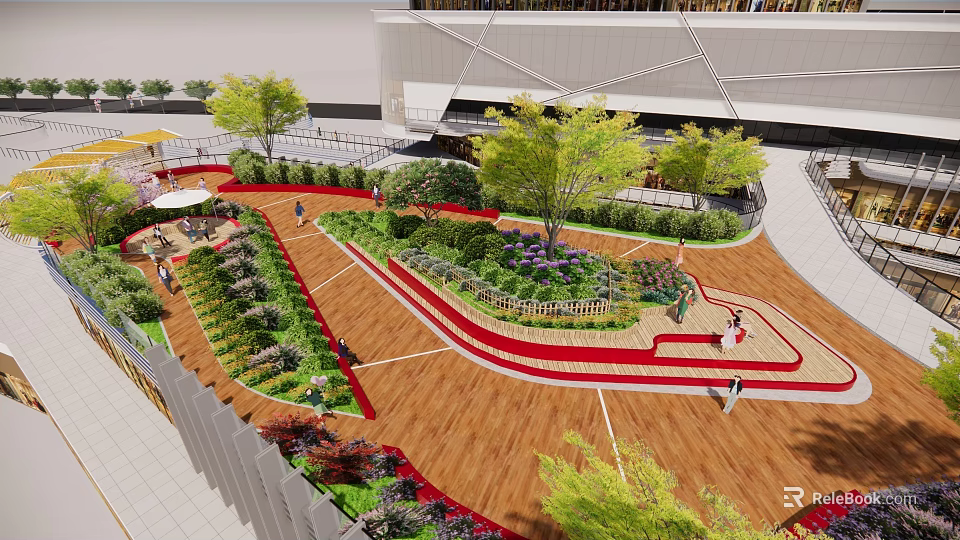 Beautiful Roof Garden Design with Wooden Deck Lush Plants Trees and Leisure Paths 3d model 