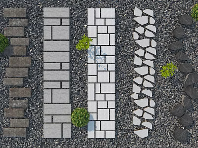 Garden Landscape Design With Various Stone Pathways Gravel Borders And Small Green Plants 3d model