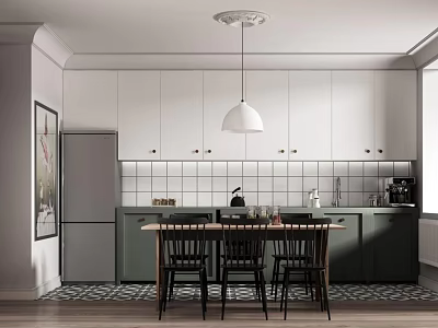 Modern Restaurant Interior With White Cabinets Pendant Light Dining Table Chairs And Tile Backsplash 3d model