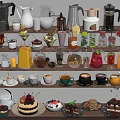 Assorted Beverage Display With Coffee Makers Teapots Glassware And Fruit Garnishes 3d model