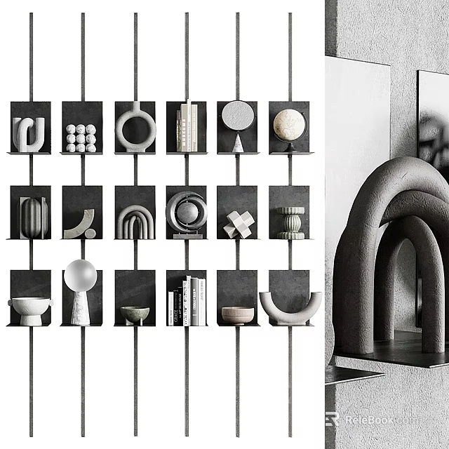 Modern Minimalist Storage Shelving Units With Geometric Shapes And Curved Design In Black White Gray 3d model 