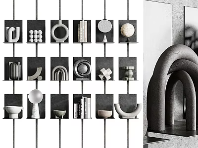 Modern Minimalist Storage Shelving Units With Geometric Shapes And Curved Design In Black White Gray 3d model