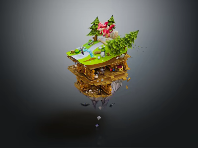 Cartoon Floating Island Scene With Small Wooden House Green Trees Red Decorations And Grassy Top 3d model