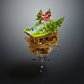 Cartoon Floating Island Scene With Small Wooden House Green Trees Red Decorations And Grassy Top