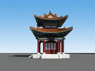 Ancient Chinese Pavilion With Two Tiered Roof Red Pillars And Ornate Eaves 3d model