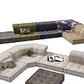 Stylish Sectional Sofas With Green Blue Beige Colors Decorative Pillows And Modular Design 3d model