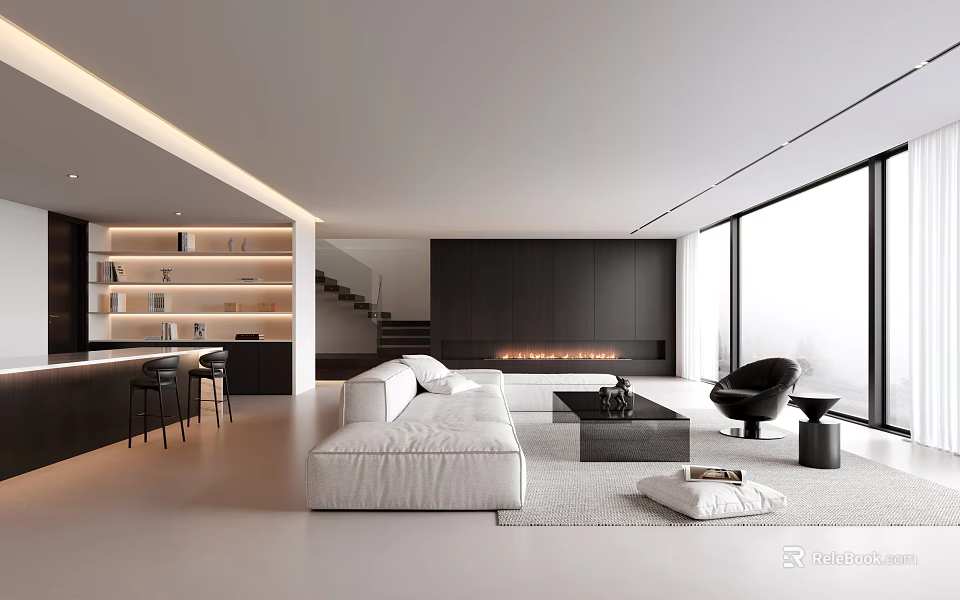 Modern Living Room Interior Design With White Sofa Black Fireplace And Floor to Ceiling Windows 3d model 