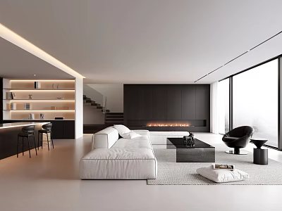 Modern Living Room Interior Design With White Sofa Black Fireplace And Floor to Ceiling Windows 3d model