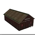 Red Wooden Barn With Sheeps Sign Sloped Roof Open Door Small Window And Wooden Bench