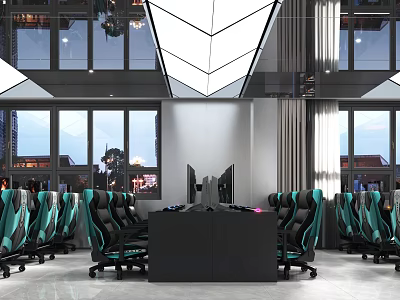 Modern Internet Cafe Interior Design With Gaming Computers Ergonomic Chairs And Large Windows 3d model