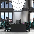 Modern Internet Cafe Interior Design With Gaming Computers Ergonomic Chairs And Large Windows 3d model