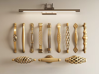 Various Golden Furniture Handles With Intricate Designs And Decorative Styles 3d model