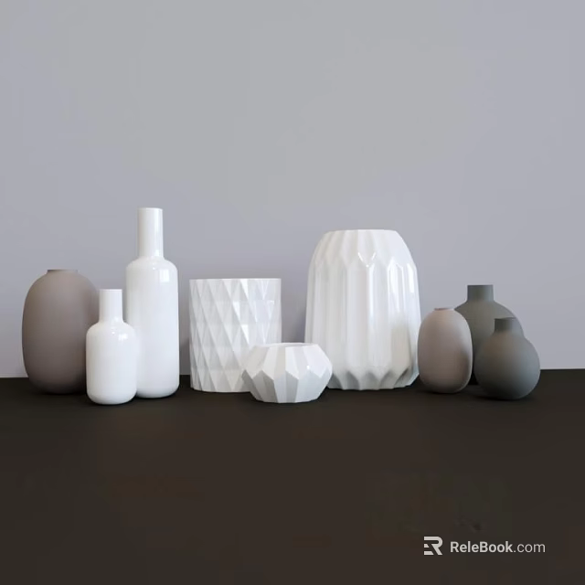 Minimalist Modern Decorative Vase Set With Geometric Shapes White Gray Ceramic For Home Decor 3d model 
