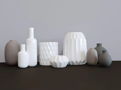 Minimalist Modern Decorative Vase Set With Geometric Shapes White Gray Ceramic For Home Decor 3d model