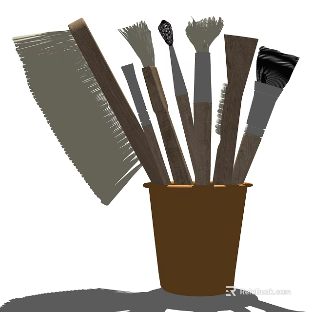Household Cleaning Brushes With Various Types And Wooden Handles In Container 3d model 