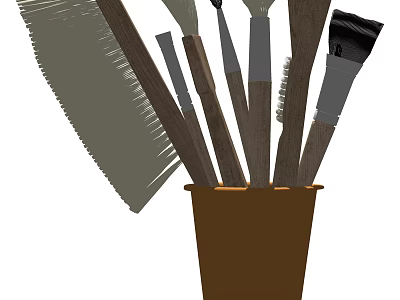 Household Cleaning Brushes With Various Types And Wooden Handles In Container 3d model