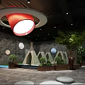 Luxury Club Lounge Interior With Circular Ceiling Red Central Decor Geometric Walls And Green Plants